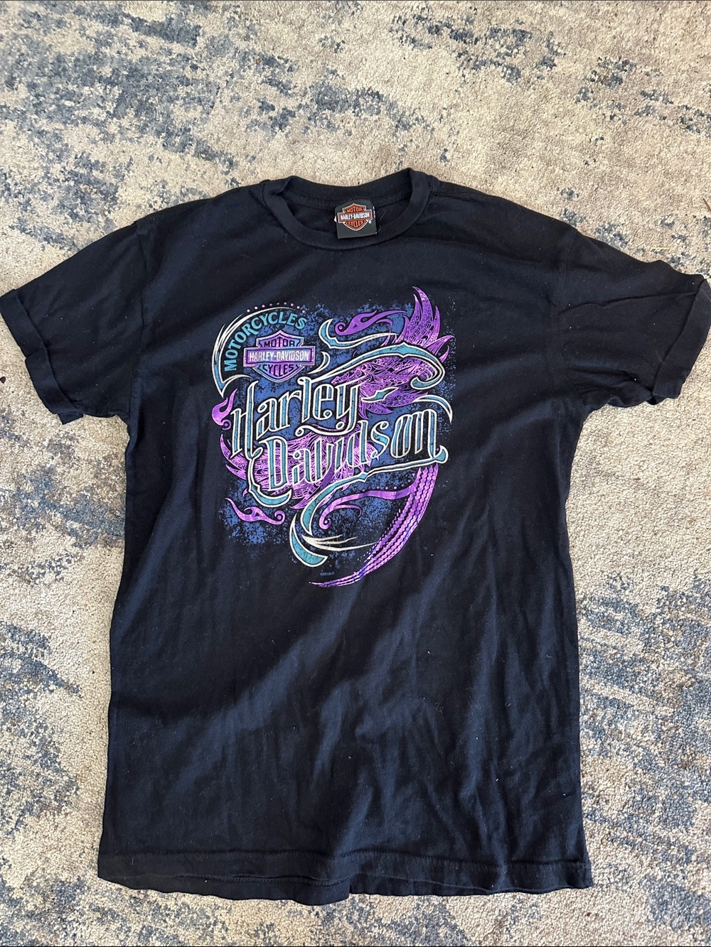 Harley-Davidson Black T‑Shirt with Purple & Teal Logo